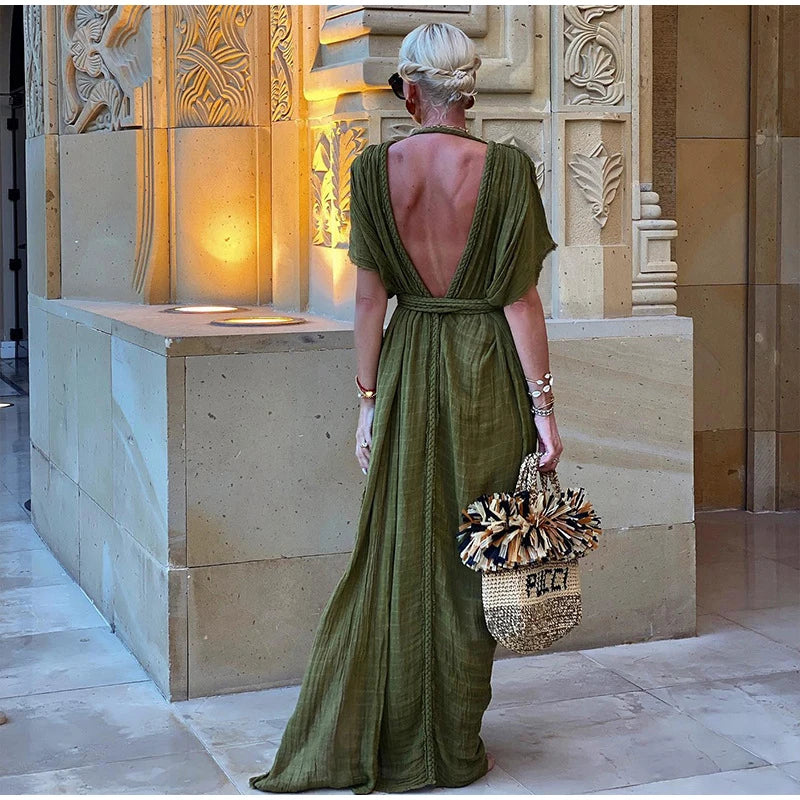 LIZAKOSHT  -  Fashion Halter Long Dress For Women Sleeveless Backless Draped Slip Lace Up Robe 2025 Summer Elegant Female Daily Beach Dresses