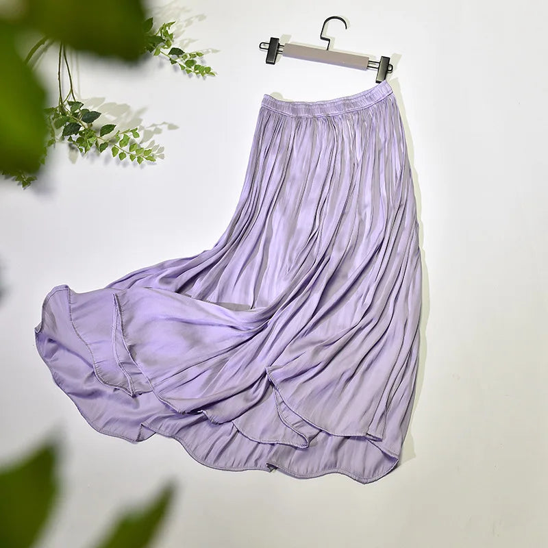 LIZAKOSHT  -  Summer Silky Elastic High Waist Glossy Silky Long Skirt Milk Silk A-line Long Skirts Women Beach Pearlescent Dress