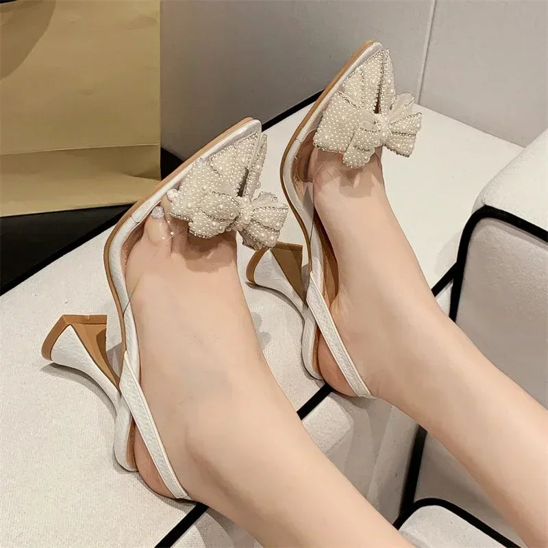 LIZAKOSHT  -  Fashion Butterfly-knot String Bead Women Sandals PVC Transparent High Heels Summer Pointed Toe Pumps Dress Shoe Zapatos De Mujer