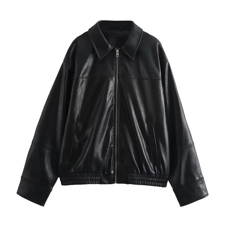 LIZAKOSHT  -  Textured Leather Jacket Coat Vintage Matte Zipper Short Outwear Top Lapel  Cool Fashion Commuter Loose Slimming Biker Jackets