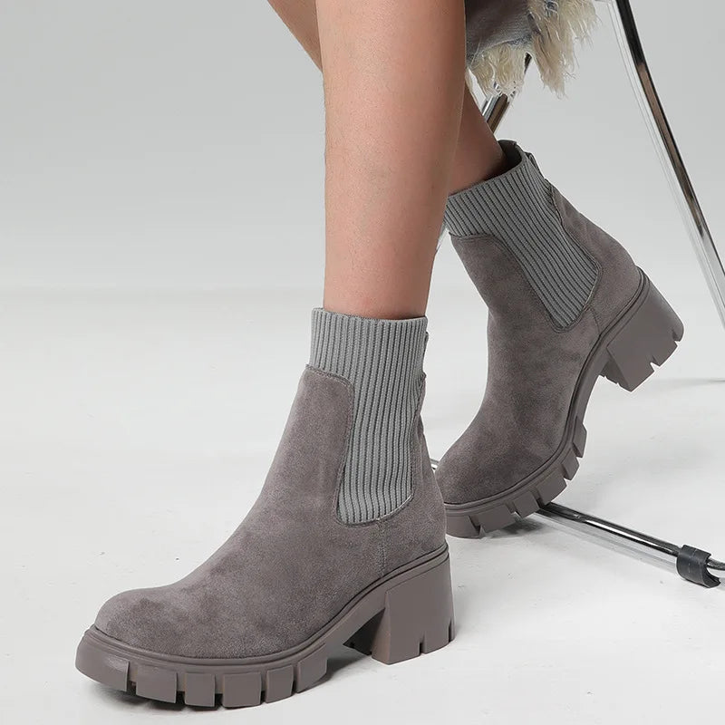 LIZAKOSHT  -  Suede Ankle Boots Women Comfy Casual Chunky Short Boots Ladies Knit Stretch Sock Boots Roundhead Designer Platform Shoes Boots