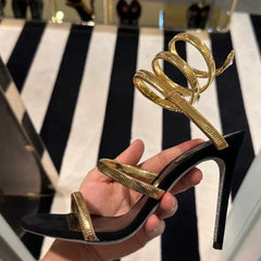 LIZAKOSHT  -  Gold Silver Thin High Heels Ankle Strap Women Sandals Sexy Narrow Band  Open Toe Stripper Prom Female Shoes