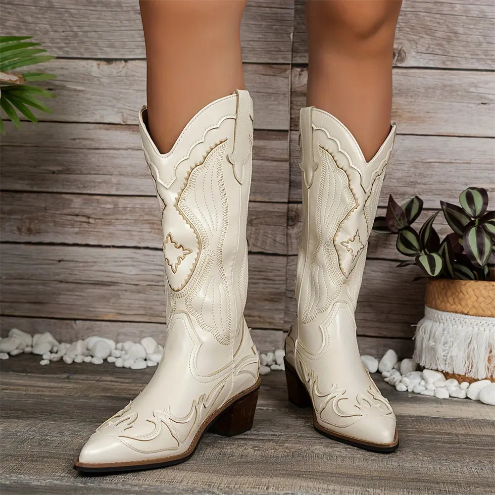 LIZAKOSHT  -  Retro Western Boots Vintage Cream Cowboy Boots Women Shoes Embroidered Pull On Chunky Heels Mid Calf Black Cowgirls Boots