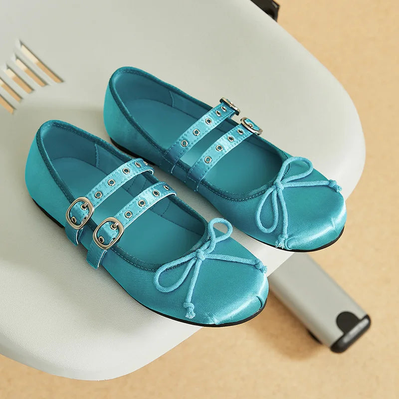 LIZAKOSHT  -  Sweet Blue Round Toe Mary Janes Flats Footwear Cute Satin 2 buckle Straps pink Ballet Style Shoes Women