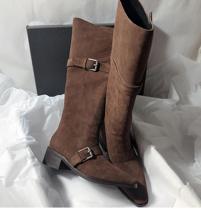 LIZAKOSHT  -  Fashion Vintage Women Western Knee High Boots Fashion Winter Belt Buckle Stripper Party Shoes Zapatos De Mujes