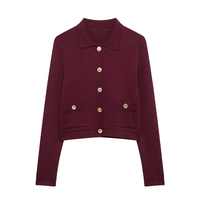 LIZAKOSHT  -  Gold Single Breasted Sweater Knitted Shirt Top Short Skirt Set Women Lapel Double Pockets Knitwear Slim Fit Coat Pleated Skirts