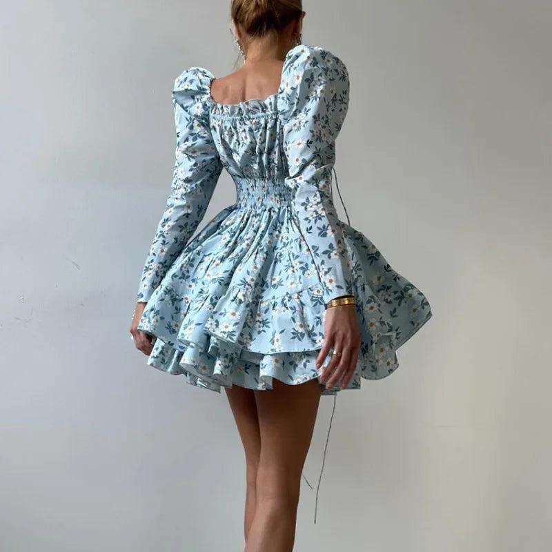 LIZAKOSHT  -  Floral Print Dress For Women Autumn Sexy Deep V Nekc Bandage Long Sleeve Short Dresses Lace Up Elegant Ruffle Dress 2025