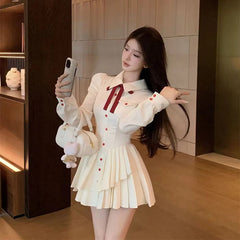 LIZAKOSHT  -  Sweet Bow Mini Dress Women Autumn Long Sleeve Irregular Pleated Patchwork Dresses Kawaii Preppy Button Slim Fit Student Vestidos