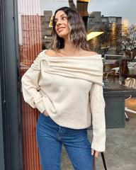 Lizakosht Women Winter Fashion Casual Fold Knitted Sweater Vintage Dew Shoulder Long Sleeve Female Pullovers Chic Tops