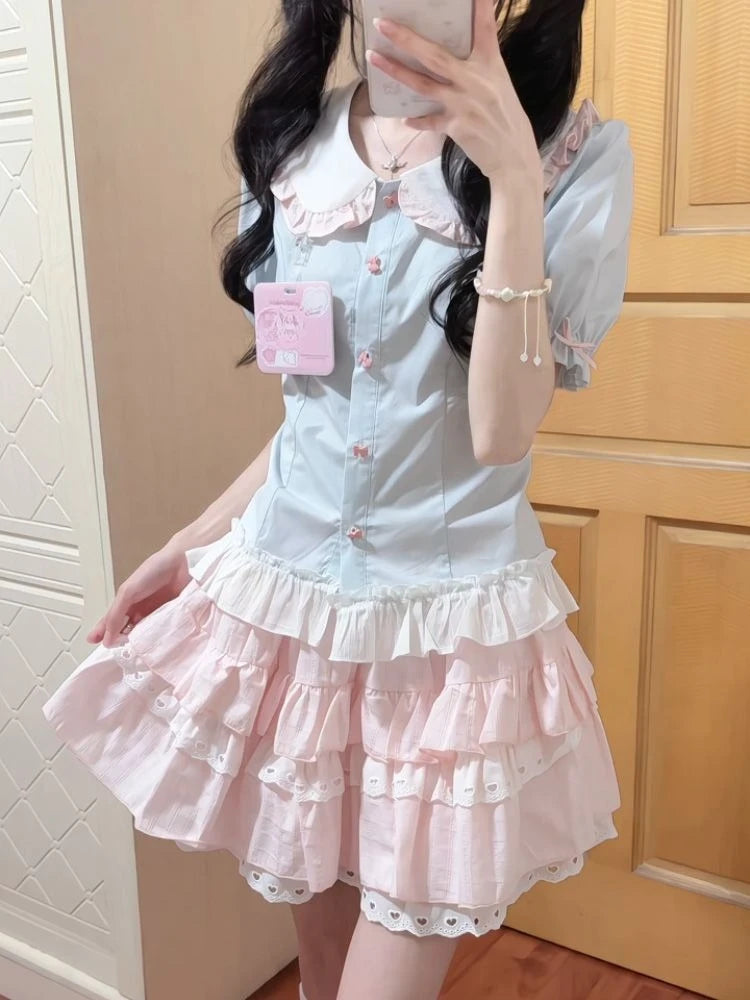 LIZAKOSHT  -  Y2k Harajuku Vintage Sweet Slim 2 Piece Skirt Sets Kawaii Short Sleeve Blouse + Patchwork Cake Mini Skirts 2000s Lolita Suits