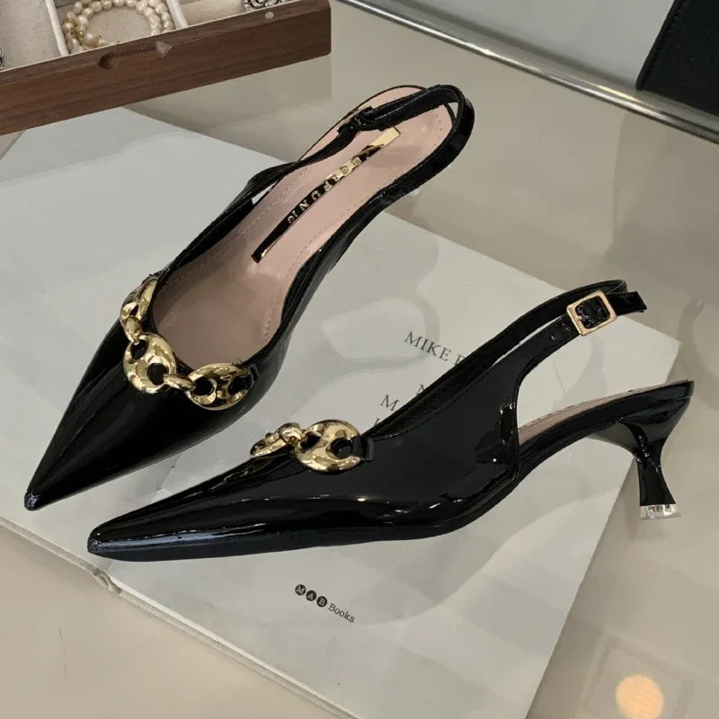 LIZAKOSHT  -  Metal Chain Design Sexy High Heels Women Pointed Toe Brand Slingback Shoes Elegant Fashion Office Shoes New Summer Sandals Women