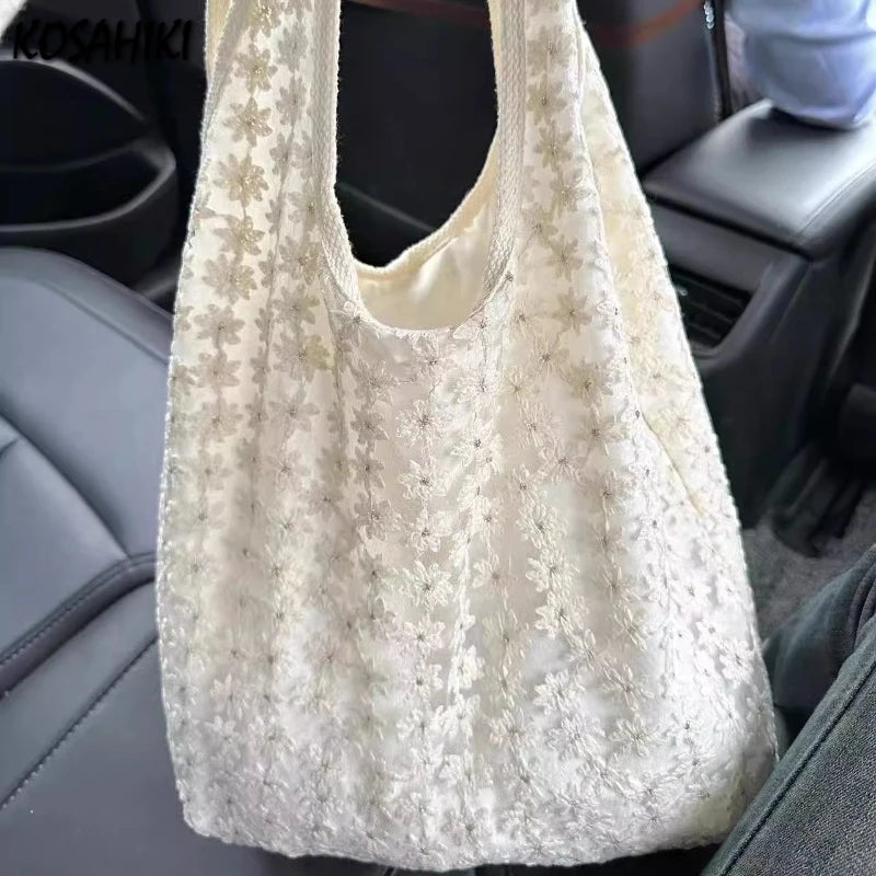 LIZAKOSHT  -  Y2k Aesthetic Fashion Flower Design Tote Bags All Match Simple Chic Women Underarm Bag Vintage Casual Shoulder Handbags Trendy