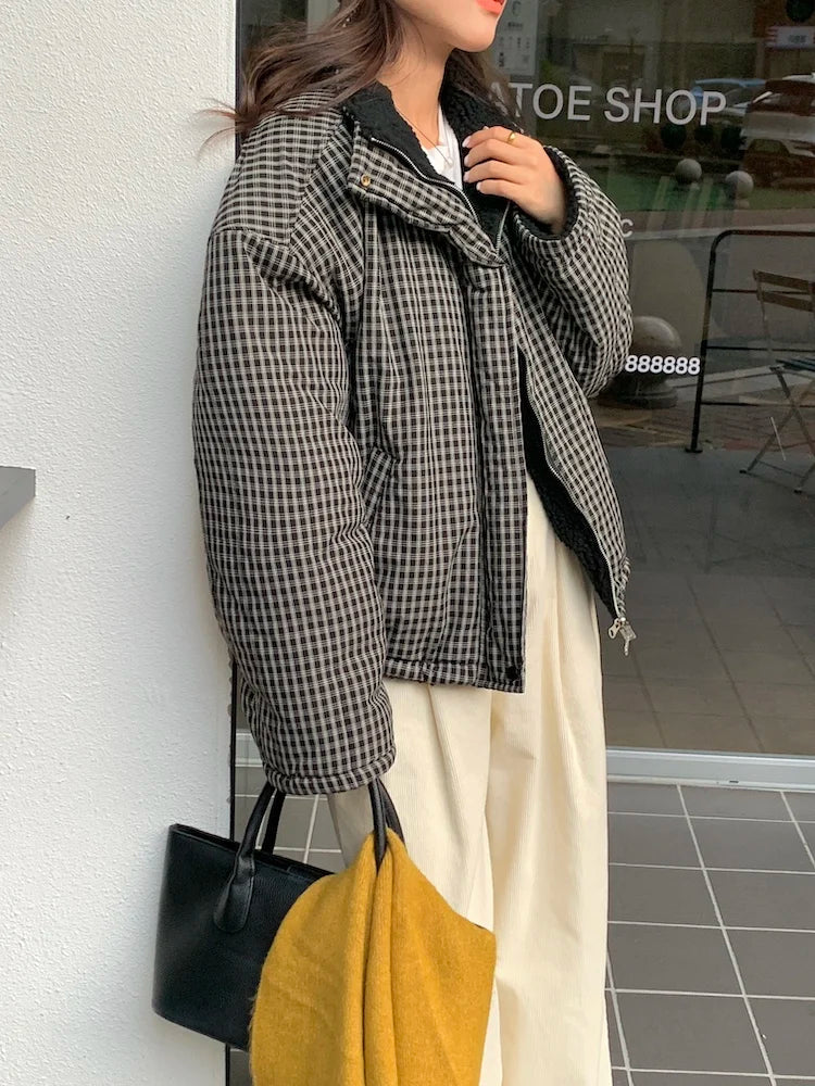 LIZAKOSHT  -  Retro Winter Cotton Jaet Women's Loose Long Sve Stand Collar Cheered Warm Coat Casual Versatile Two-Sided Wear
