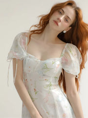 LIZAKOSHT  -  French Style Fairy Princess Floral Print Long Dress Temperament Gentle Tight Waist Slimming Puff Sleeve Sling Vacation Dress