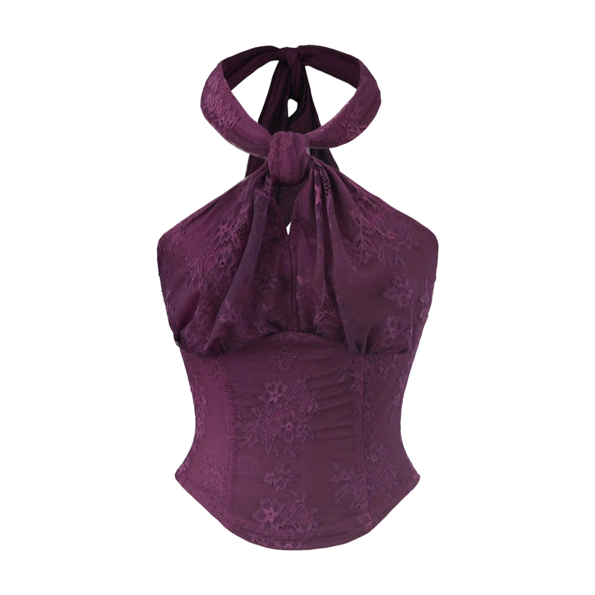 LIZAKOSHT  -  Hollow Tie Up Halter Printed Neck Solid Color Corset Top Summer 2025 Fashion Lace Streetwear Woman Elegant Sexy Tank Tops