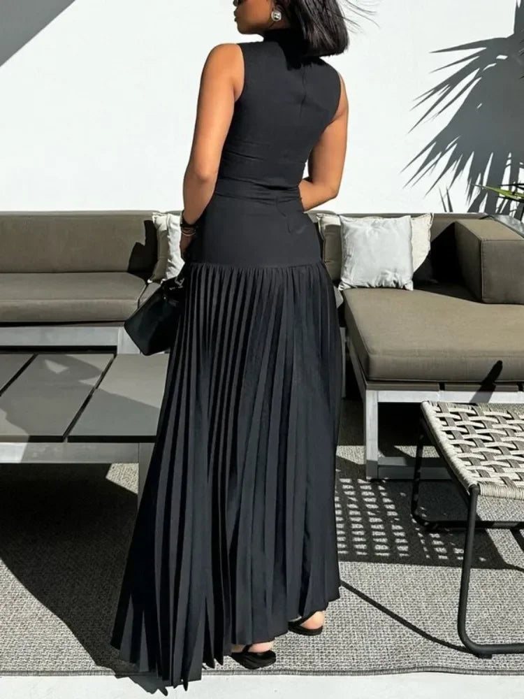 LIZAKOSHT  -  Female Fashion Black Color Bodycon Long Dress New Summer Sleeveless Split-Joint Pleated Club Elegant Party Dresses