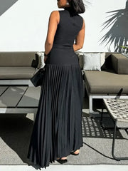 LIZAKOSHT  -  Female Fashion Black Color Bodycon Long Dress New Summer Sleeveless Split-Joint Pleated Club Elegant Party Dresses