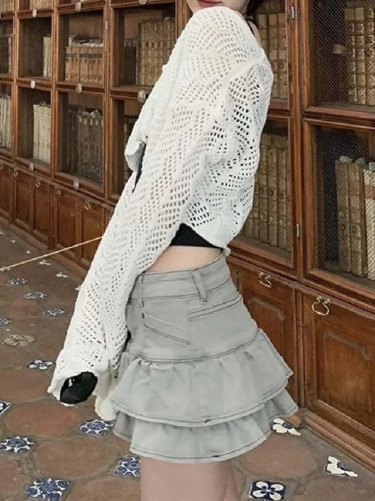 LIZAKOSHT  -  Vintage Women Hem Cascade Ruffles Skirts Y2K Cool Girl Gray Denim Ultra Low Waist Mini Skirts