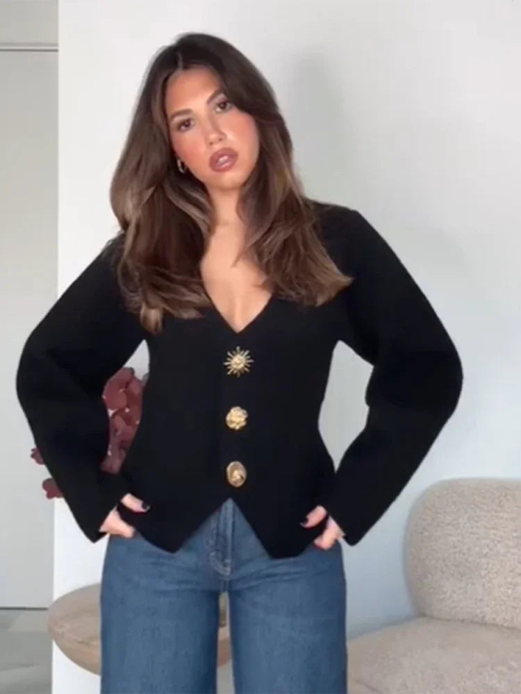 LIZAKOSHT  -  V-Neck Knitted Sweater Cardigan Irregular Button Minimalism Waist Cinching Slimming Soft Waxy Knitwear Vintage Knit Shirt Top