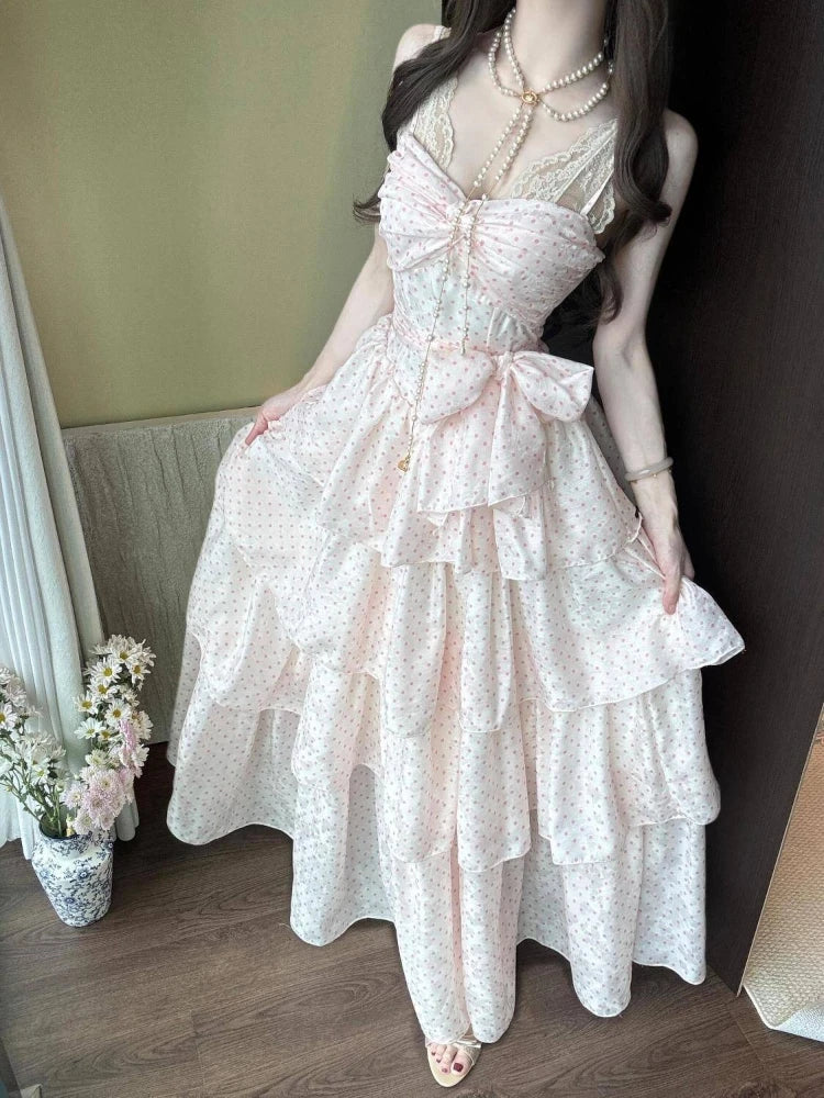 LIZAKOSHT  -  Summer French Polka Dot Design Strap Dress Women Sweet Princess Slim Sleeveless Long Dress Japanese Fashion Lovely Sexy Outfits