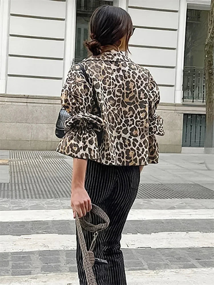LIZAKOSHT  -  Leopard Fashion Lace-Up T-shirt Women's Printed Sexy Lapel Hollow Out Bandage Hollow Out Top For Women Patchwork Tee Top