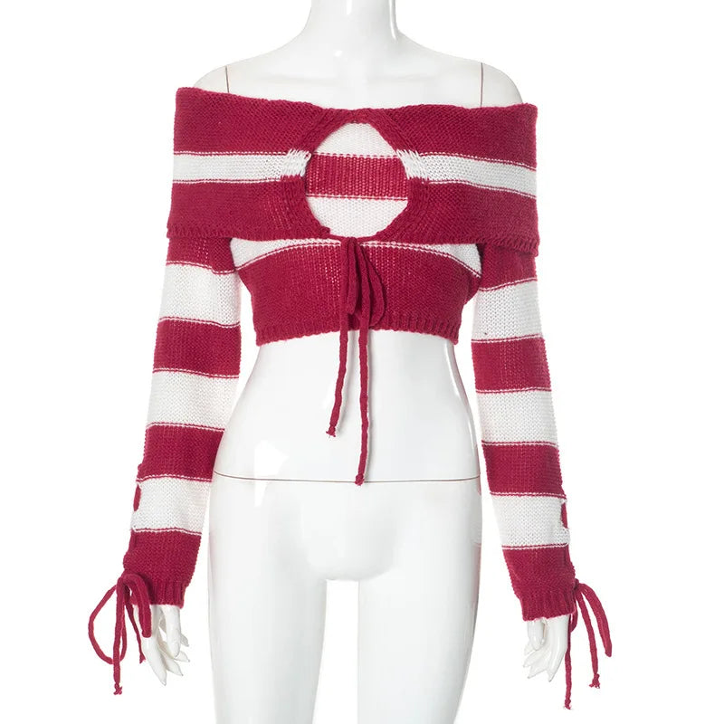 LIZAKOSHT  -  Knitted Sexy Off Shoulder Striped Women Sweater Red Long Sleeve Lace Up Sweater Female Autumn New Casual Streetwear