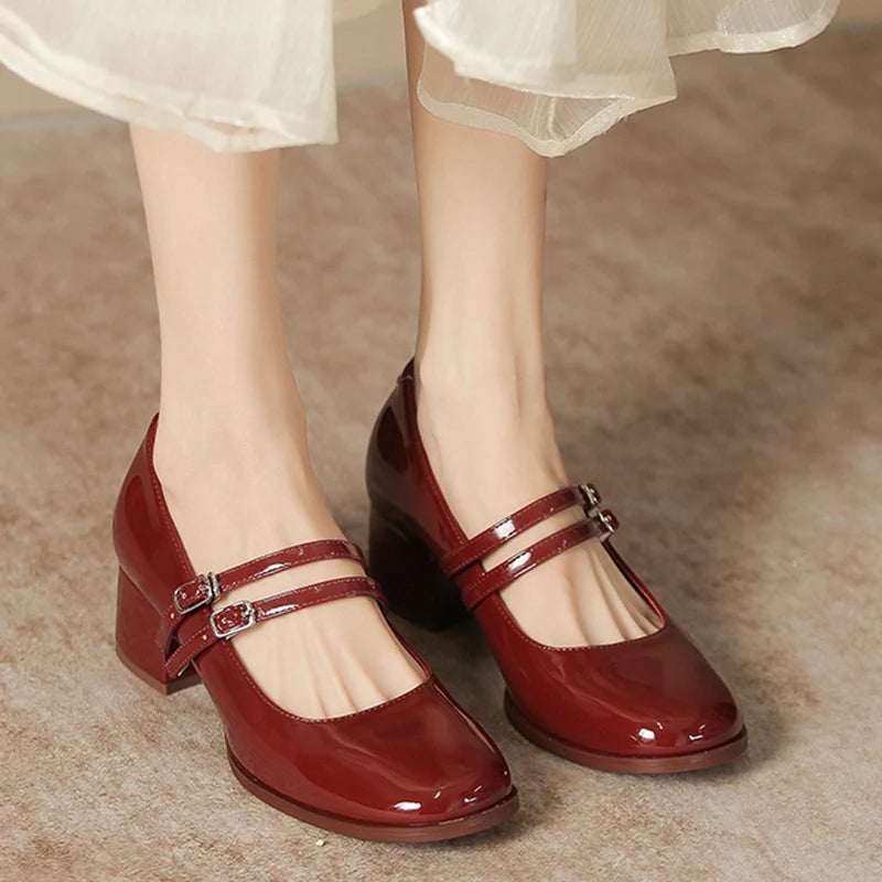 LIZAKOSHT  -  New Women 4.5cm High Heels Fashion Prom Pumps Female Concise Metal Buckle Strap Block Heels Lady Patent Leather Mary Jane Shoes