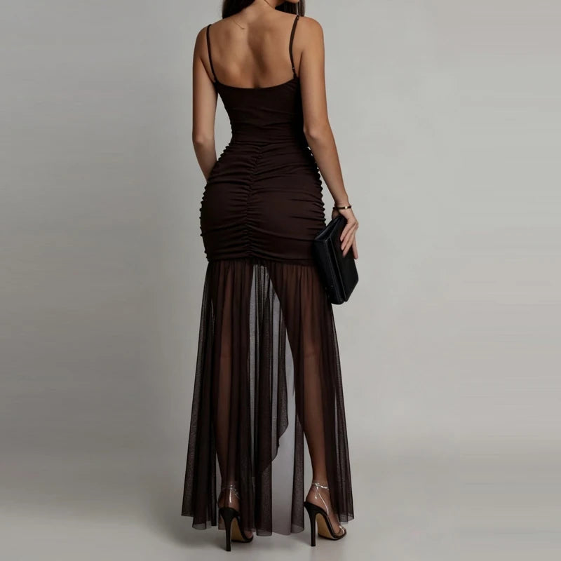 LIZAKOSHT  -  Perspective sleeveless high street style dress with high waist suspender mesh pleated sexy dress summer new evening dress