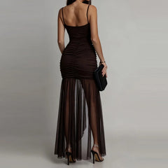 LIZAKOSHT  -  Perspective sleeveless high street style dress with high waist suspender mesh pleated sexy dress summer new evening dress