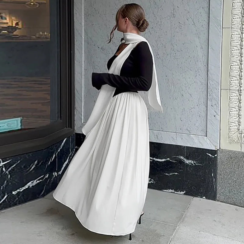 LIZAKOSHT  -  Fashion Autumn and Winter New Women's Fashion Contrast Sexy U-neck Long Sleeves Waist Big Swing Dress for Women