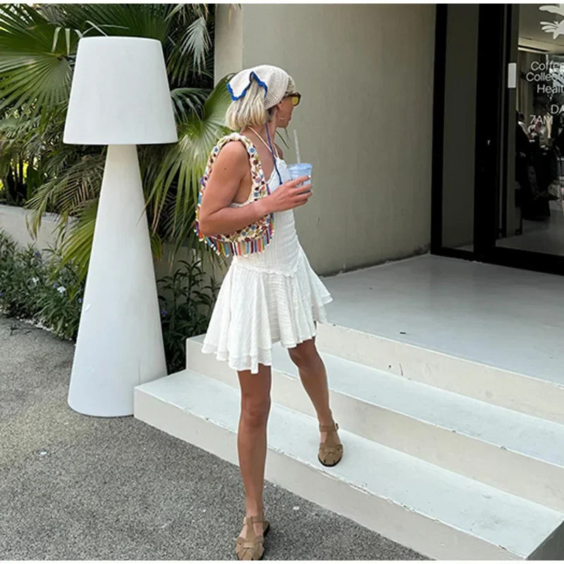 LIZAKOSHT  -  Fashion Ruffle Hem Halter Short Women Dress Sleeveless A-line Draped Solid Vestidos Summer Female Vacation Parties Robes