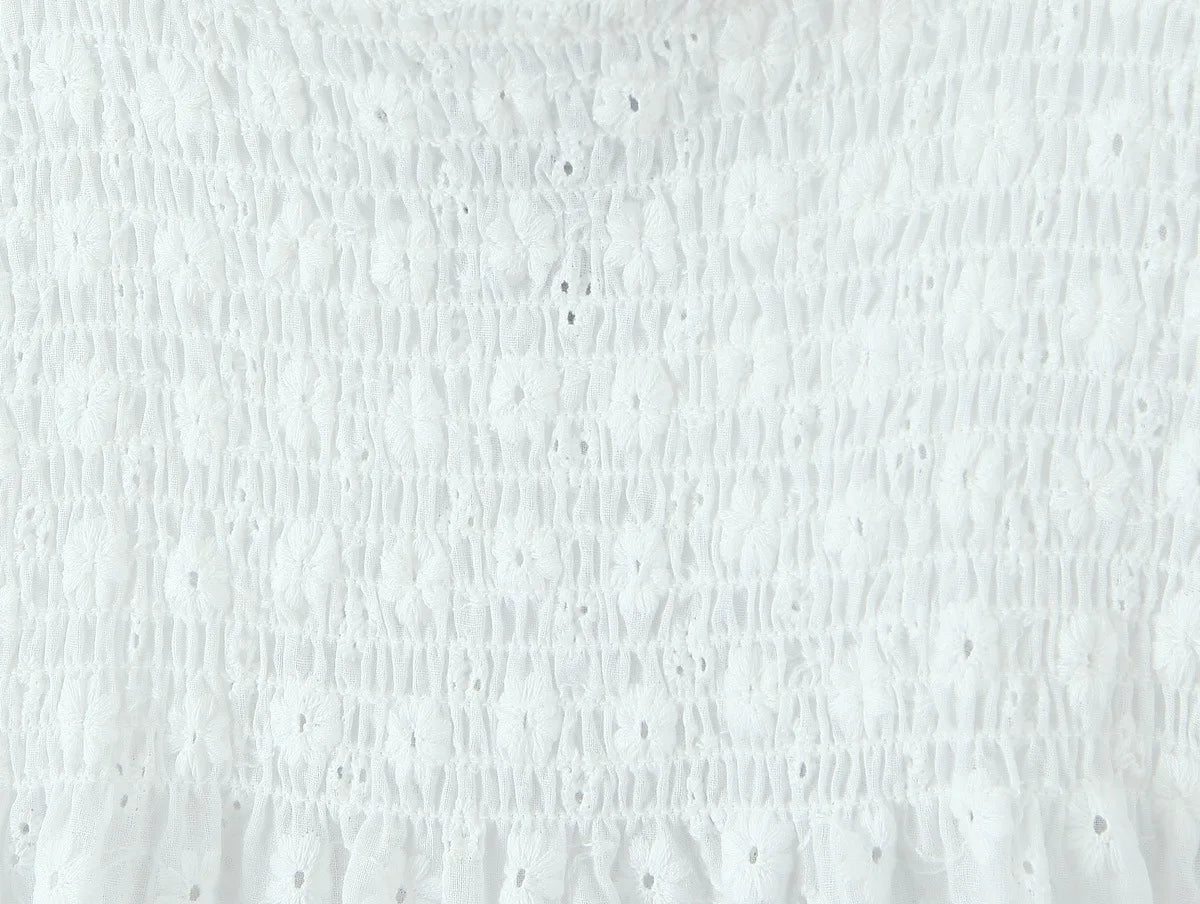 LIZAKOSHT  -  White Embroidery Hollow Out Hole Splice Lace V neck Short Puff Sleeve Shirt Women Center Button Elastic Back Slim Crop Tops