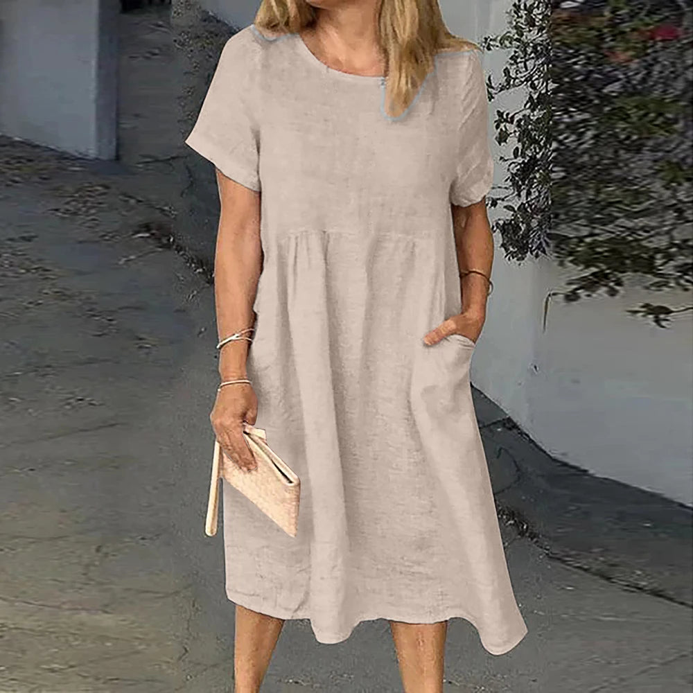 LIZAKOSHT  -  Plus Size Women Cotton Linen Short Sleeve Midi Spring Shirt Dress Casual Loose Summer Holiday Regular Sundress For Free Shipping