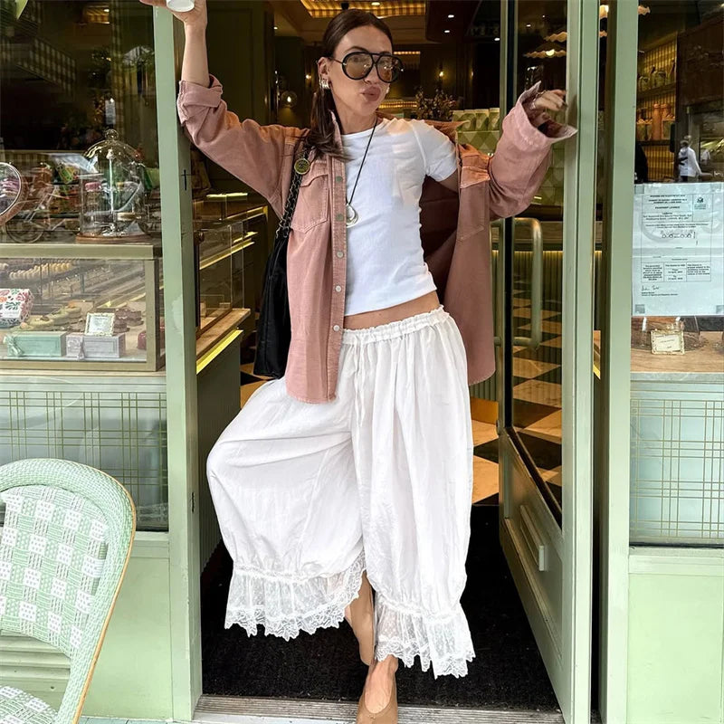 LIZAKOSHT  -  Autumn Lace Patchwork Casual Long Pants For Women Fashion Ruched Sexy Elastic Lace-up Loose Long Pants Female Outfits