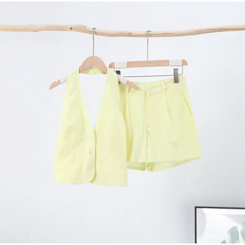 LIZAKOSHT  -  Fashion Halter Women's Two Piece Suit V-neck Sleeveless Single Breasted  Backless Top Short Pants 2025 Summer Lady Causal Outfit