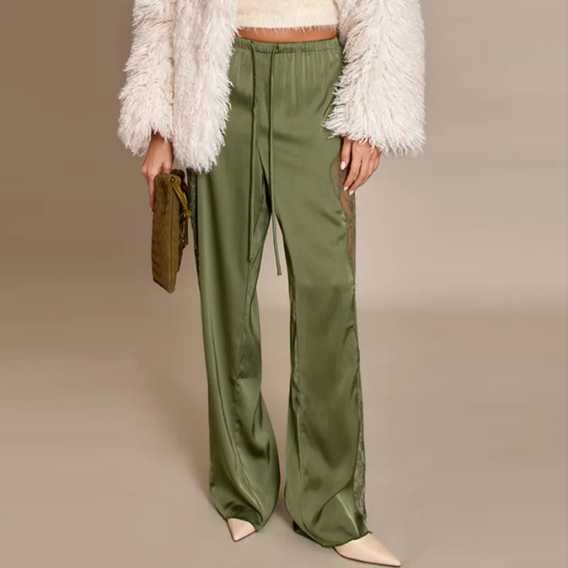LIZAKOSHT  -  Sexy Satin Pants Women Loose Elastic Waist Lace Up Patchwork Lace See Through Trousers Female Spring Chic Solid Streetwears