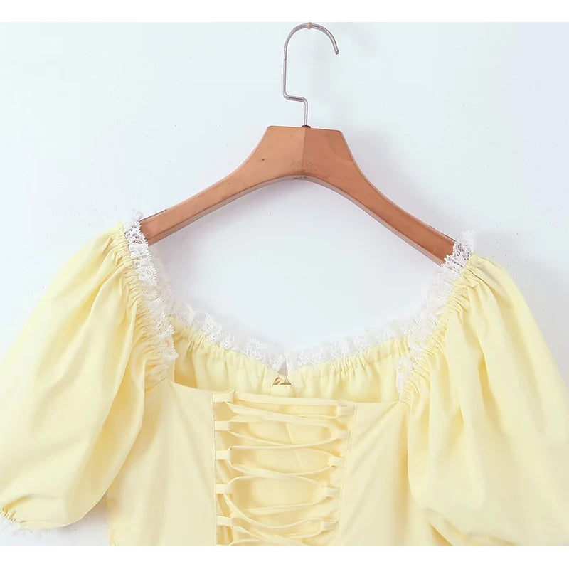 LIZAKOSHT  -  Sweet Women Lace Trim Yellow Dress Vintage Puff Sleeve Ladies A-line Mini Summer Dresses Lacing Up Robe