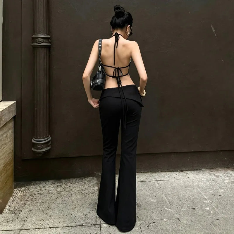 LIZAKOSHT  -  Personality Low Sken Waist Lrregular High Street Women Pant Y2k Gothicn High Street Rivet Nail Long Flare Pants Casual Trousers