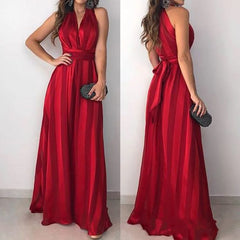 LIZAKOSHT  -  Red Dress New Spring Summer Fashion Striped Bandage V-Neck Sleeveless Sexy Evening Party Dresses Clothes For Women