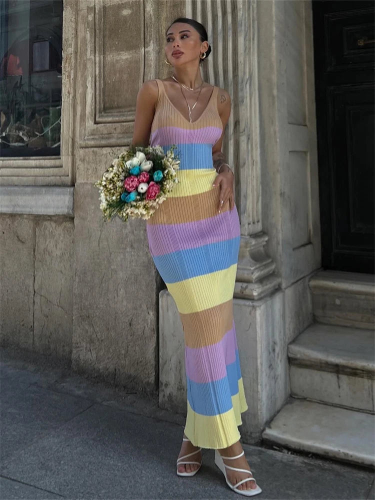 LIZAKOSHT  -  Summer Fashion Contrast Striped Knitted Long Dress Vacation Casual For Women Sexy V-Neck Sleeveless Backless Dress