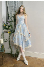 LIZAKOSHT  -  Strap Dress Irregular Floral Blue French Waist Plus Size 2024 Summer New Gentle New Sweet Holiday Dress