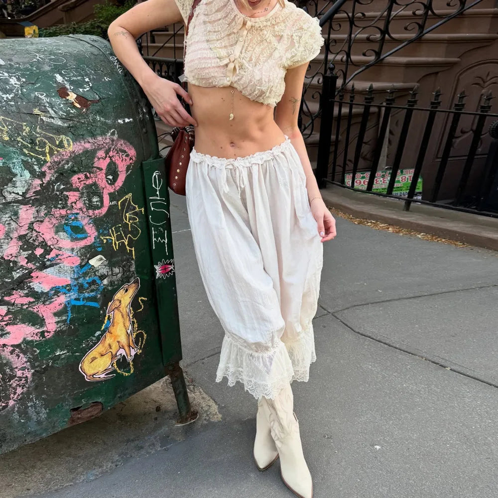 LIZAKOSHT  -  Autumn Lace Patchwork Casual Long Pants For Women Fashion Ruched Sexy Elastic Lace-up Loose Long Pants Female Outfits