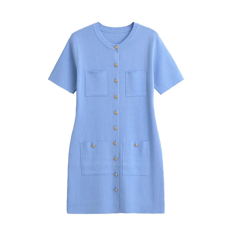 LIZAKOSHT  -  Gold Button Pocket Knitted Short Dresses Solid Color Round Neck French Simple Slimming Fashion Single Breasted Straight Dress