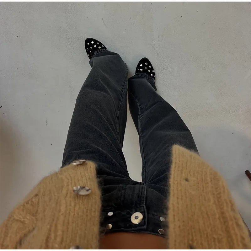 LIZAKOSHT  -  Chic Diamonds Leopard Pentagram Pants For Women Straight-leg Ankle-length Pocket Jeans 2025 Spring Summer Female Casual Trousers