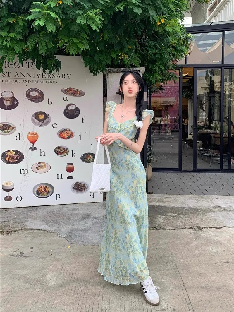 LIZAKOSHT  -  Women's French Style Floral Spaghetti Strap Maxi Dress Beach Vacation Dress