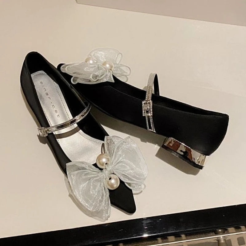 LIZAKOSHT  -  Bowknot Elegant Low Heel Mary Jane Shoes Women Buckle Shallow Fashion Dress Shoes Female Autumn Pointed Toe Pumps Women Shoes