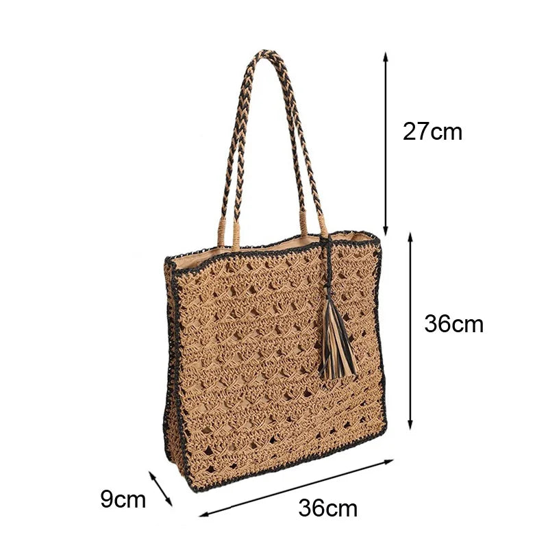 LIZAKOSHT  -  Mesh Crochet Beach Bags Women Hollow Out Straw Woven Tote Bag Seaside Vacation Square Knitted Handbag with Tassel