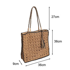 LIZAKOSHT  -  Mesh Crochet Beach Bags Women Hollow Out Straw Woven Tote Bag Seaside Vacation Square Knitted Handbag with Tassel