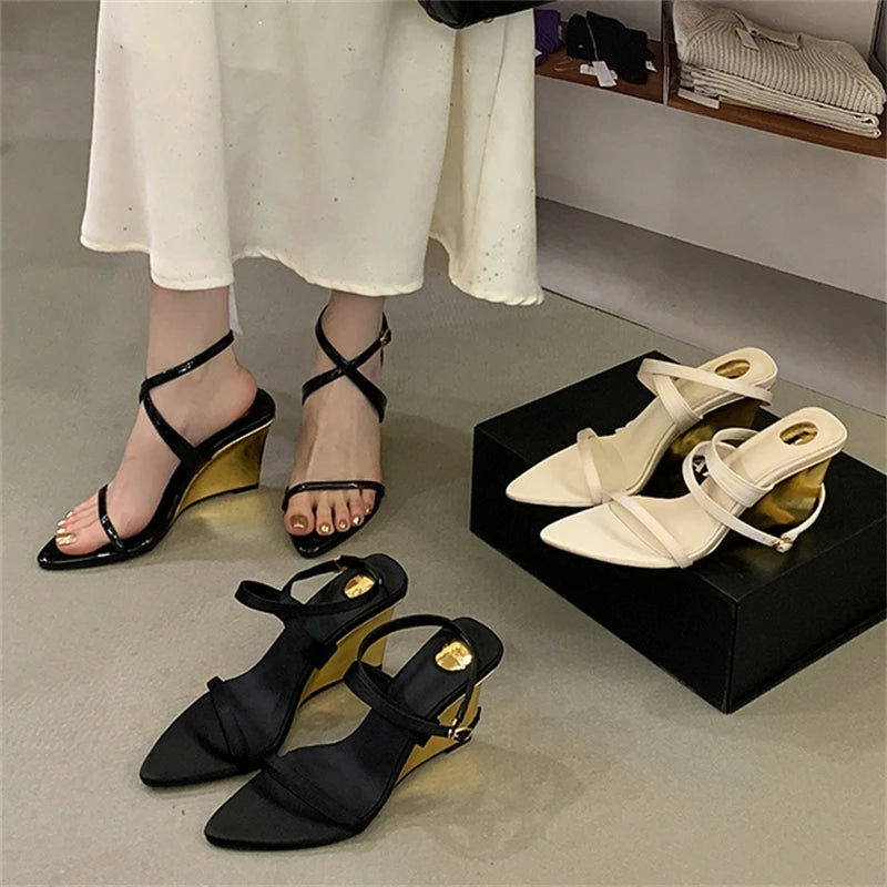 LIZAKOSHT  -  Summer Street Style Design Wedges Heels Women Sandals Buckle Strap Pointed Toe Banquet Ladies Pumps Shoes