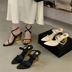 LIZAKOSHT  -  Summer Street Style Design Wedges Heels Women Sandals Buckle Strap Pointed Toe Banquet Ladies Pumps Shoes